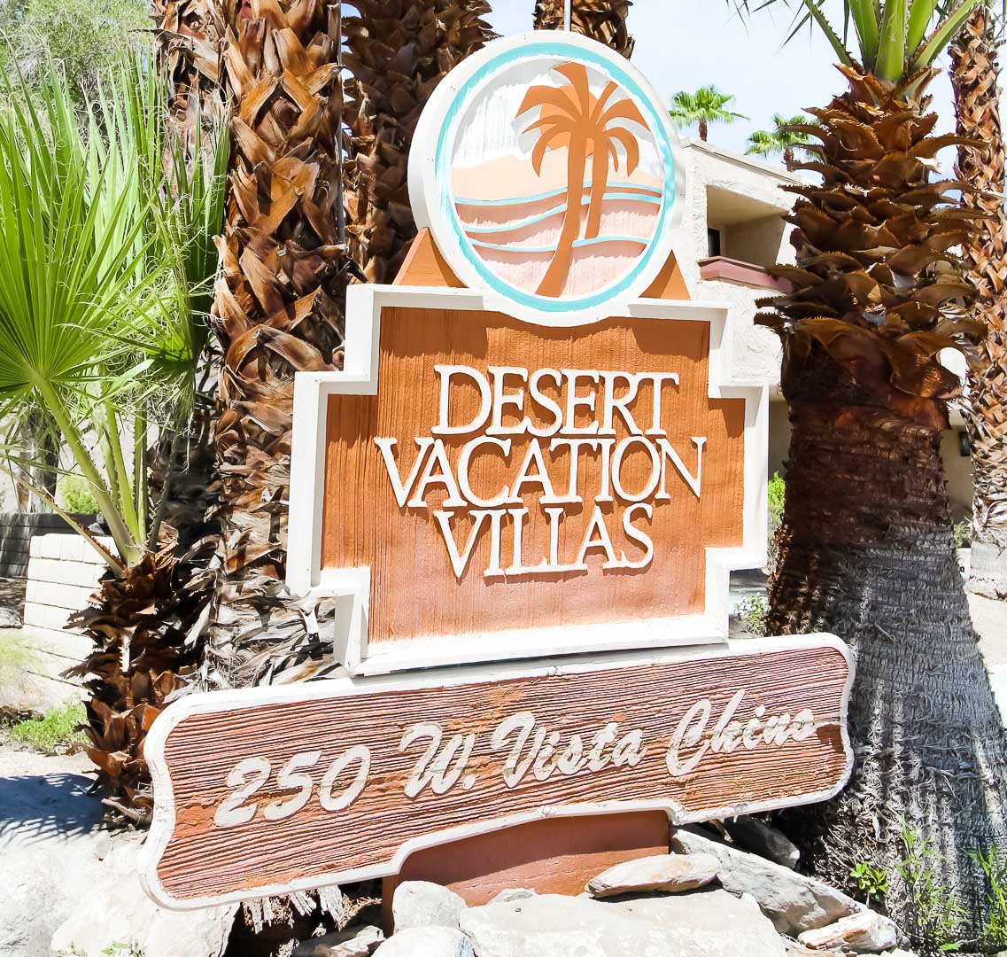 The resort signage at VRI's Desert Vacation Villas in Palm Springs California.